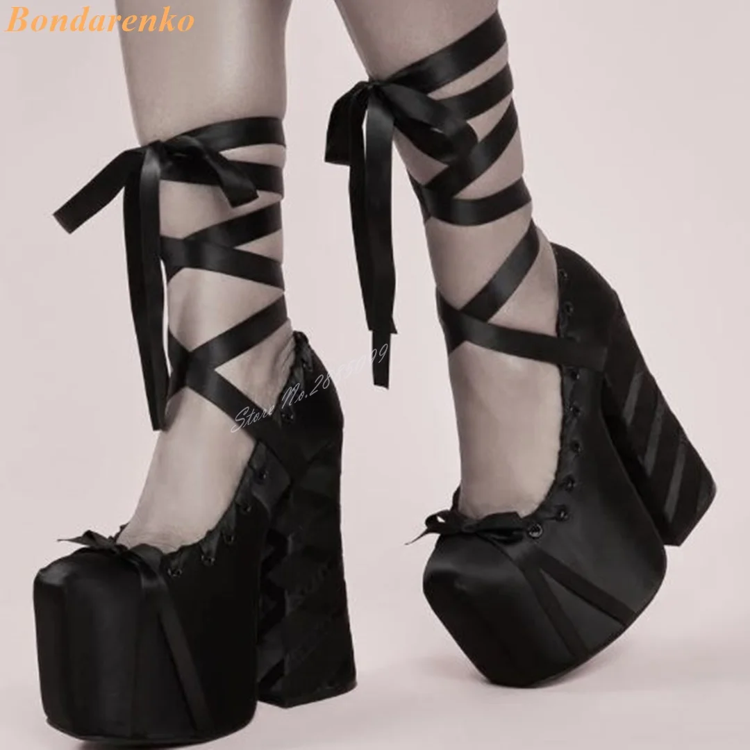 Super Platform Cross Tied Sandals Round Toe Chunky High Heels Straps Lace Up Sandals Women Sexy Shoes Shallow Big Size Banquet