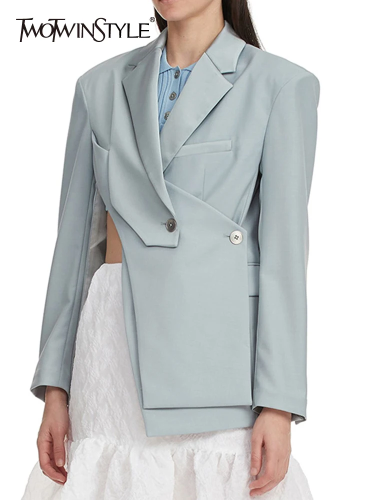 

TWOTWINSTYLE Solid Patchwork Button Irregular Blazers For Women Notched Collar Long Sleeve Bareback Spliced Pocket Blazer Female