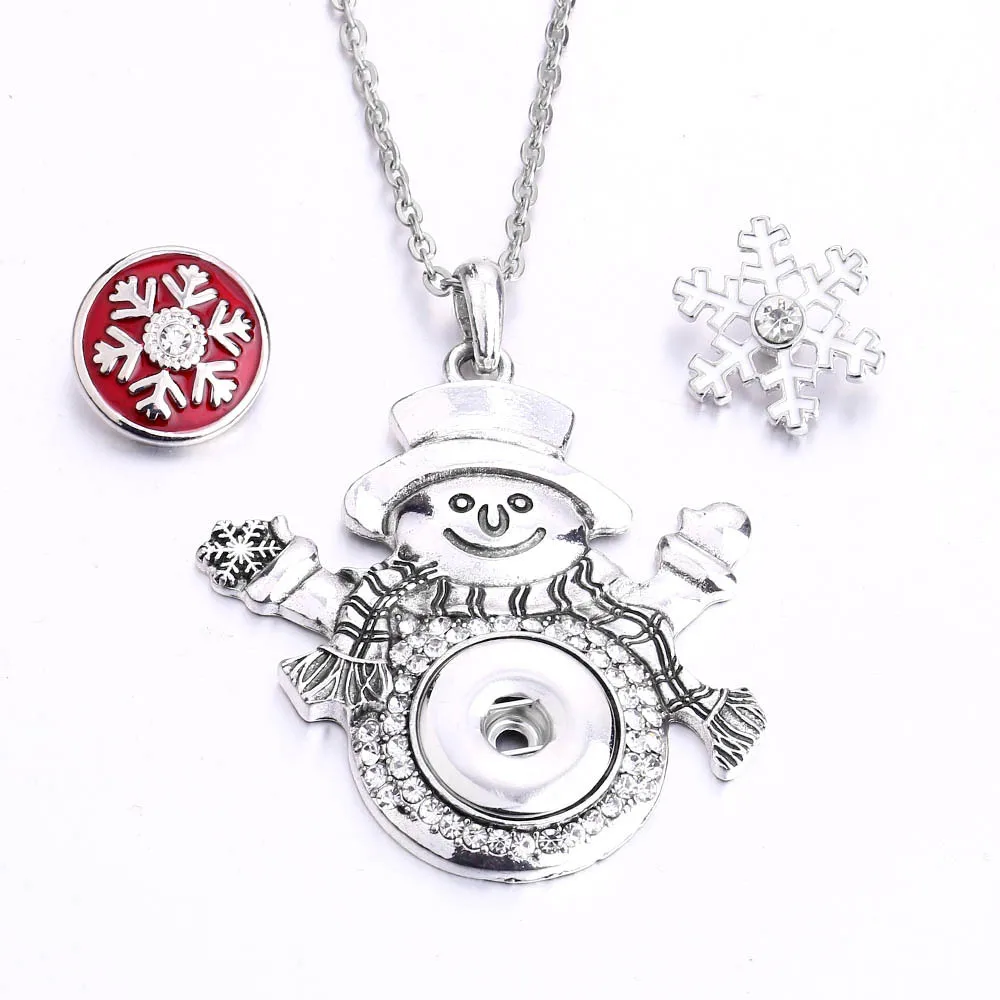 10pcs Metal Christmas Snowman Crystal Snap Button Necklace Fit 18mm Snaps Buttons Jewelry Pendant Necklaces
