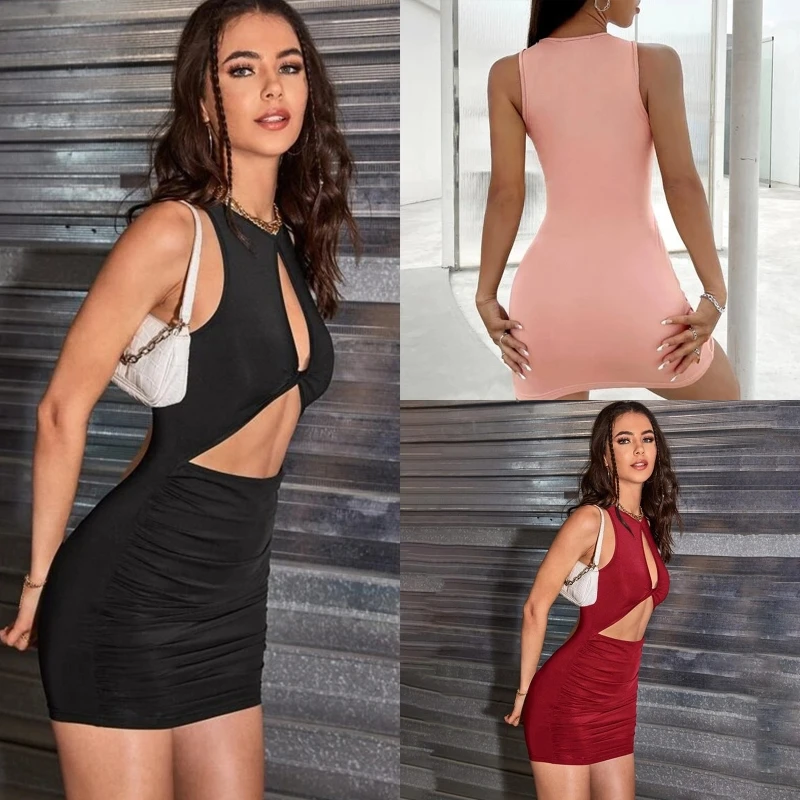 

Womens Summer Cutout Bodycon Mini Dress Casual Sleeveless Crew Neck Twisted Solid Ruched Stretchy Club Party Dresses