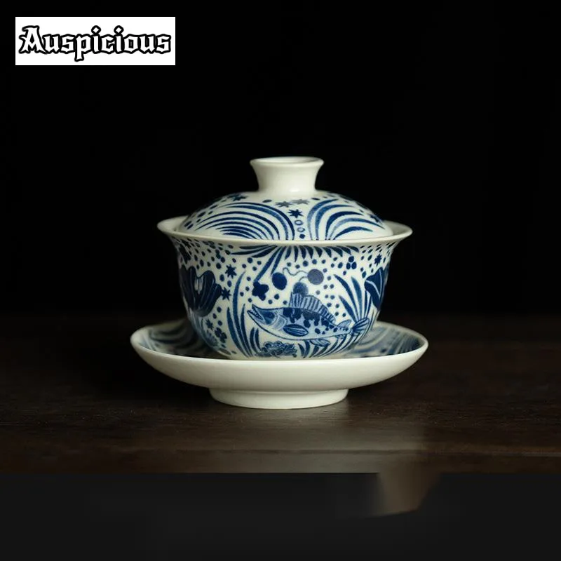 120ml Soda Glaze Tea Tureen Half Color Fish Algae Pattern Gaiwan Sancai Tea Cup Household Maker Cover Bowl Teaware Ornaments