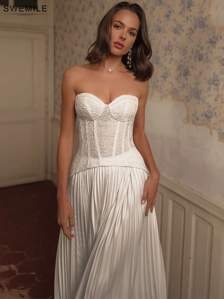 SWEMILE Vintage Pleat Strapless Evening Dresses Corset Lace Appliques Elegant Prom Gown Simple Wedding Party Vestidos Customized 3