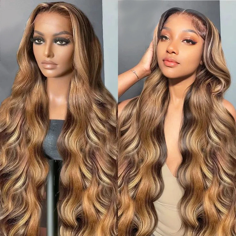 Highlight-Perücke, 13 x 4 HD-Spitze-Frontal-Perücke, honigblond, gewellt, Spitze-Front-Echthaar-Perücken für Frauen, 30 32 Zoll, Körperwellen-Spitzenperücke – Detail 1