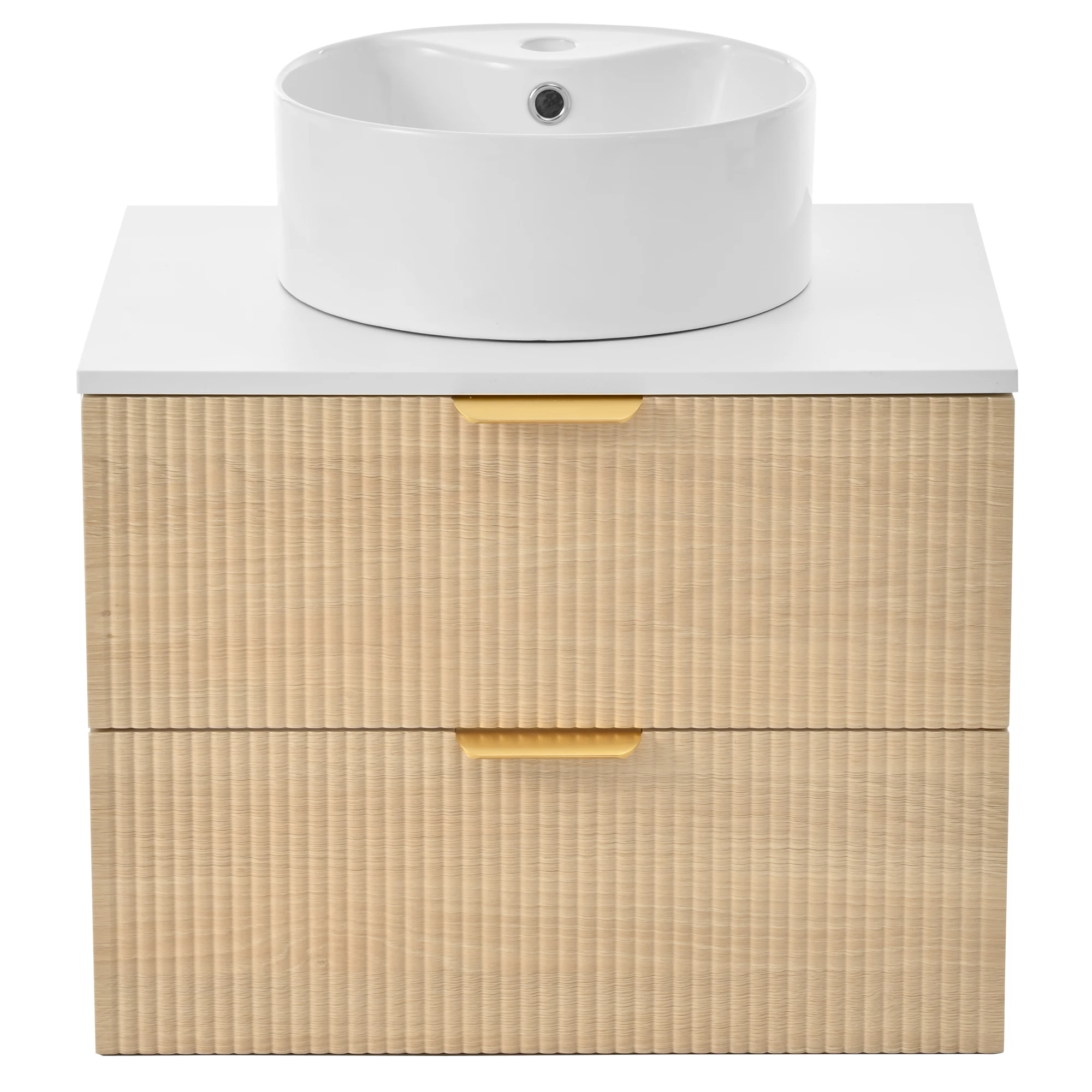 60 cm großer wandmontierter Badezimmerschrank mit rundem Keramikwaschbecken, Holzoptik-Schubladenfronten und 2 Schubladen für viel Stauraum. – Detail 21