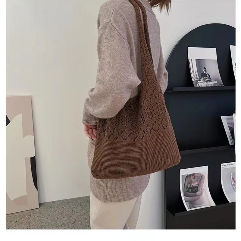 2024 New Tote Hollow Knitted minimalista big bag Handheld tinta unita borsa a tracolla da donna borse da donna