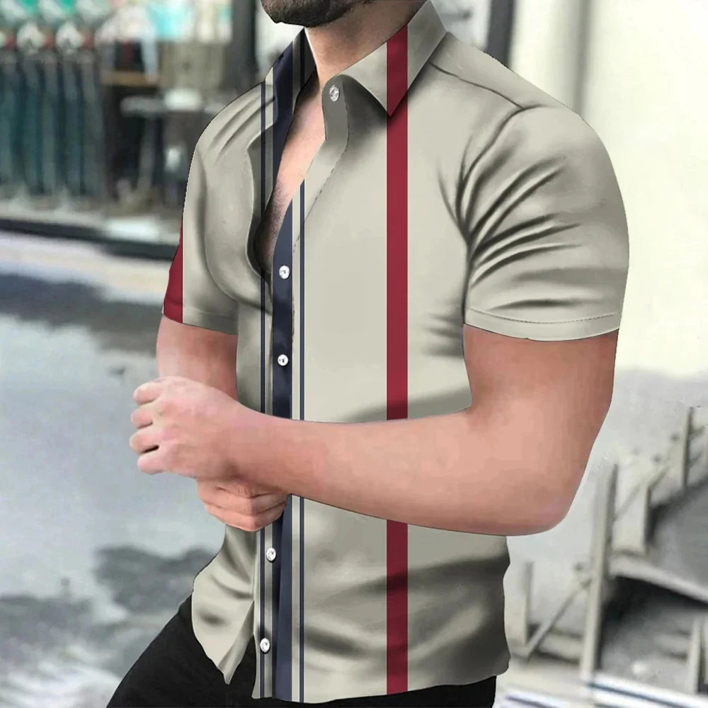thumbnail image 1 of Camisa de manga corta con cuello abatible y botones para hombre, informal, cómoda, transpirable, con estampado 3D de rayas de playa para vacaciones, 1 of 5