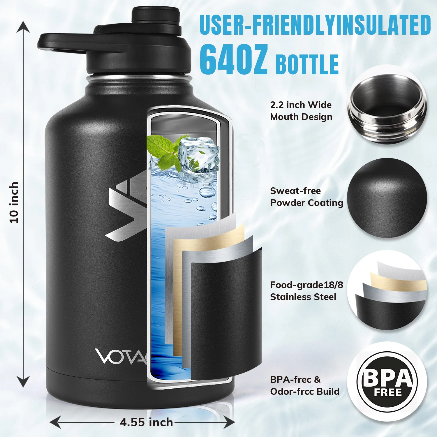 64 Oz Insulated Water Bottle With Straw & Auto Spout Lids, Paracord Handle, Half Gallon Waterbottle Strap Carrier & Protective Boot, Wide Mouth Metal Canteen Thermo Mug, Leak-proof Sports Black Jug