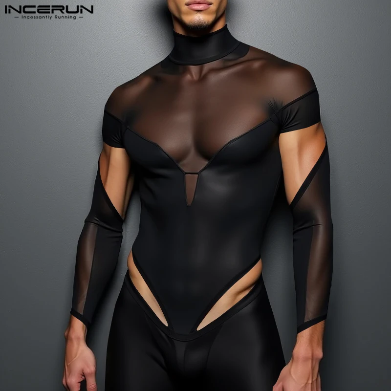 Men Bodysuits INCERUN Men Casual Hollow Design Simple Bodysuits Well Fitting Comfortable Homewear Long Sleeved Solid Living Clothes