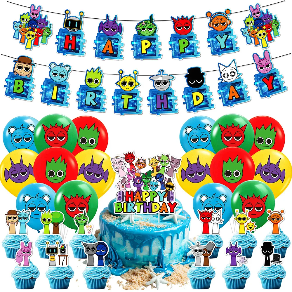 Description Picture 2 of itemIncrediboxes-Sprunki Theme Children's Birthday Party Decoration Latex Balloons Backdrop Cake Topper Baby Shower Banner Supplies