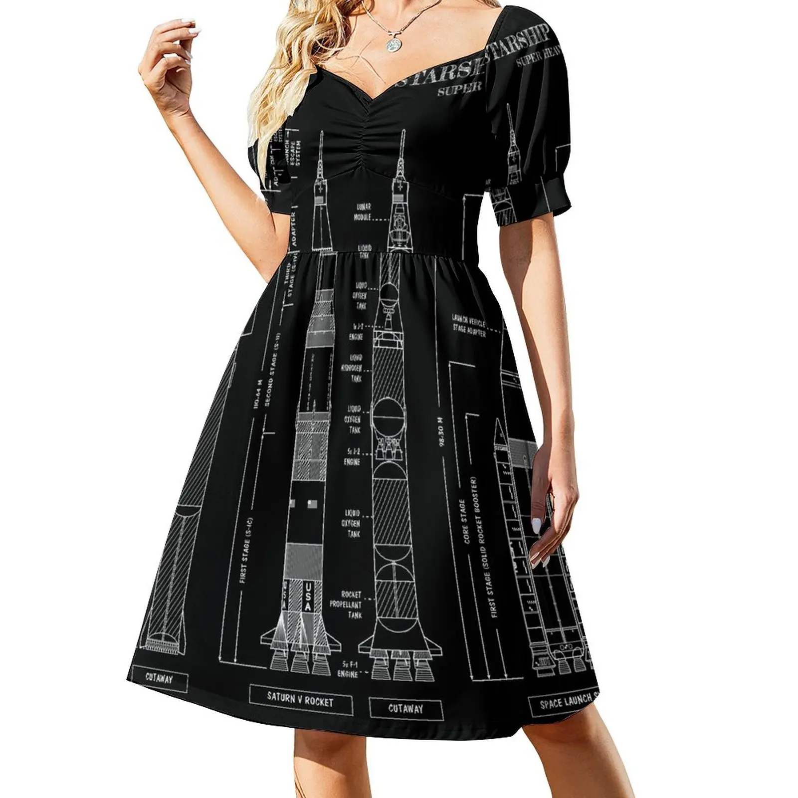

Starship - Saturn V - SLS Comparison (White Stencil No Background) Sleeveless Dress luxury dresses fairy dress