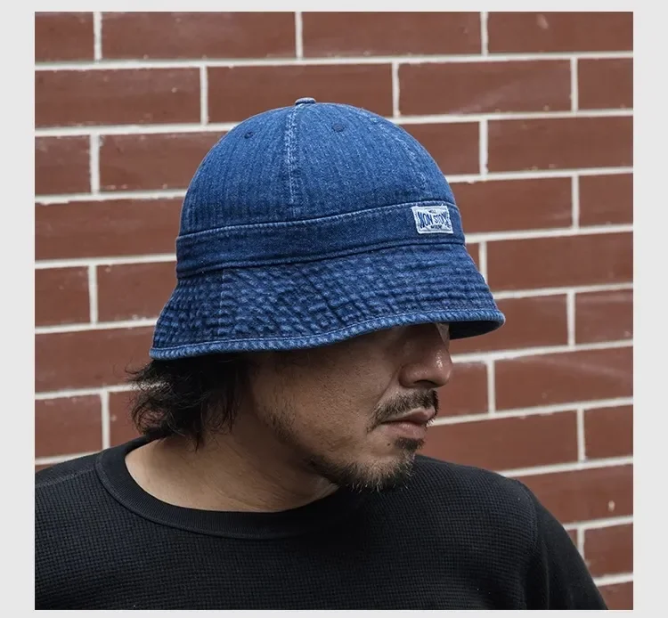 ハット   Male Blue Denim Bucket Hat Distressed Denim Bucket Hat Ripped Frayed Edge Sun Hat for
