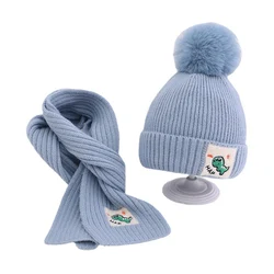 Doitbest 2022 Winter Boys Girls Warm Beanies Child Scarf Hat Set Simple Dinosaur Fur Ball Baby Kids knit Cartoon Scarves Hats