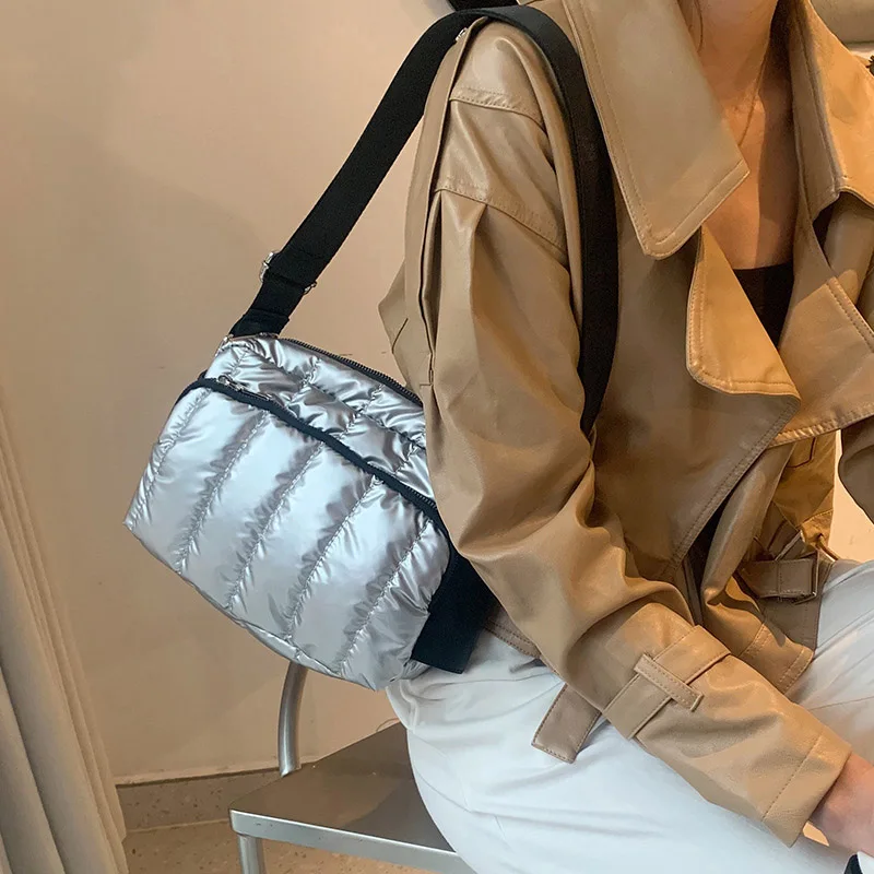 Luxury Space Cotton Shoulder Bags For Women 2021 Winter Crossbody Down Bag Designer Handbag Wide Shoulder Strap Messenger Pack가방