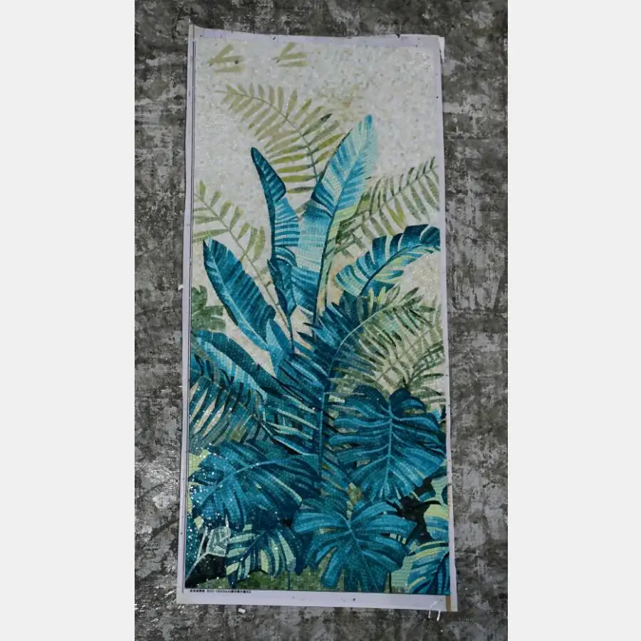 

Customized Hand-made Glass Mosaic Mural Tropical Plants Banana Leaves Monstera Sea Blue Style