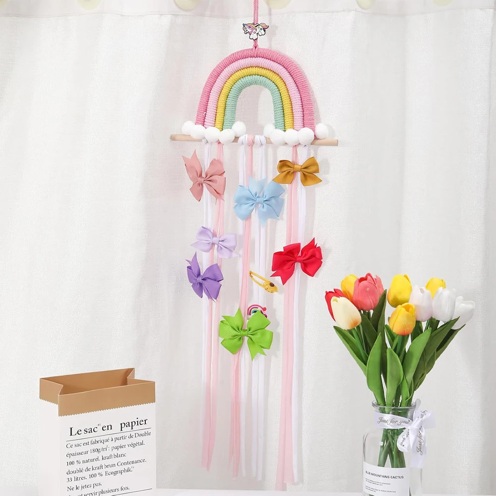 Accessori per capelli Portaoggetti da appendere, Decorazione da parete, Cintura portaoggetti per fiocchi per capelli, Supporto per accessori per forcine per bambini arcobaleno intrecciato - immagine 3