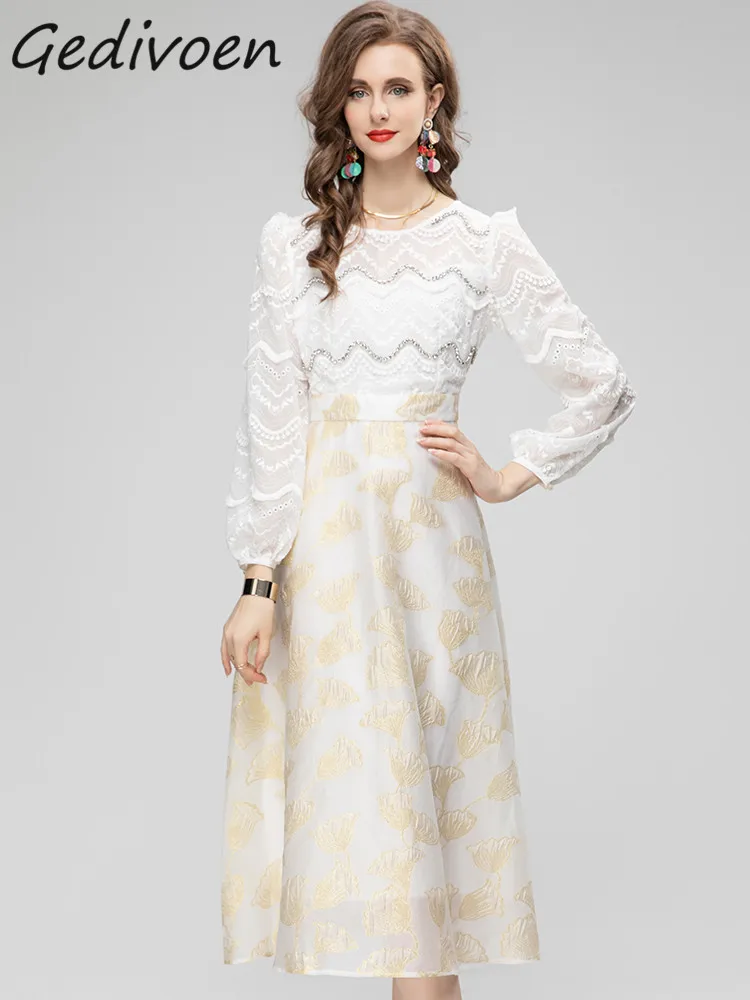 

Женское винтажное жаккардовое платье Gedivoen, Летнее Длинное платье с рукавами-фонариками и вышивкой из страз