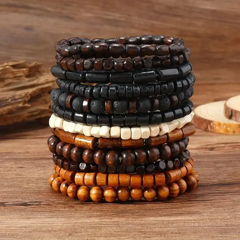 24pcs/set Men's Retro Trendy Multi-layer Bracelet Set, Versatile Elastic Thread Wooden Bead Bracelet 5