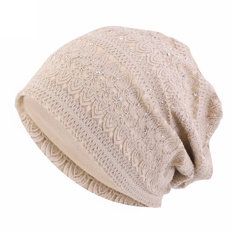 Winter Hats For Women Men Lace Rhinestone Breathable Turban Hat Windproof Warm Cap Female Beanie Hip Hop Bone Gorro Ponytail Hat 5
