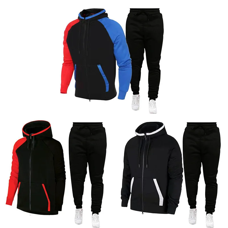 Men's Suits Hooded Sports Training Clothes Color-blocking Plus Velvet Long-sleeved Trousers Youth Autumn and Winter Sports Suits