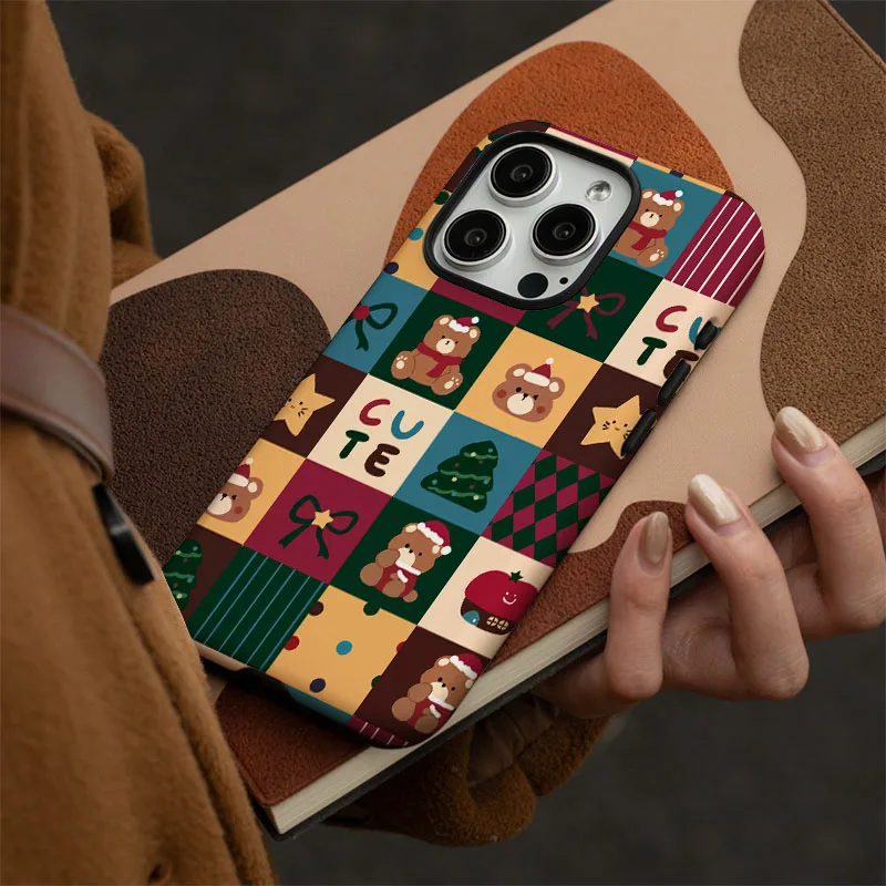 Retro Christmas Pattern Shockproof Bumper Phone Case with 2-in-1 Film Shell