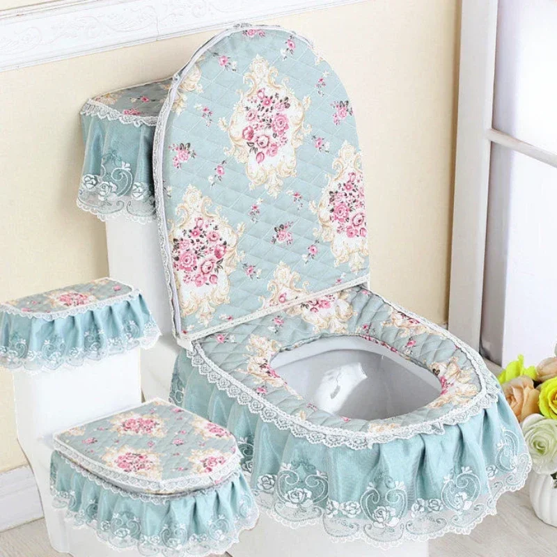 3pcs/Set Lace Embroidery Detachable Toilet Cover Cloth Dustproof Soft Toilet Seat Ring Cushion Home Decoration Cover toilet seat cover,toilet seat cushion,toilet mat set,toilet accessories