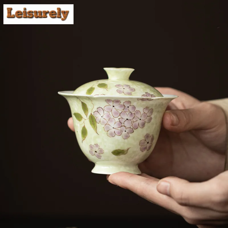 Hand-painted Hydrangea Gaiwan Vintage Tea Tureen Tea Bowl with Lid Kit Tea Maker Cover Bowl Tea Ceremony Accessories Ornaments