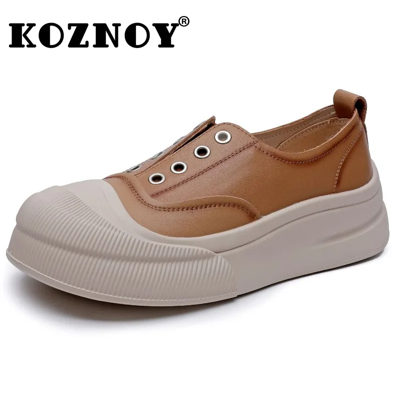 

Koznoy 4cm Retro Ethnic Flats Round Toe Comfy Spring Autumn Women Soft Soled Leisure Slip on Cow Genuine Leather Summer Shoes