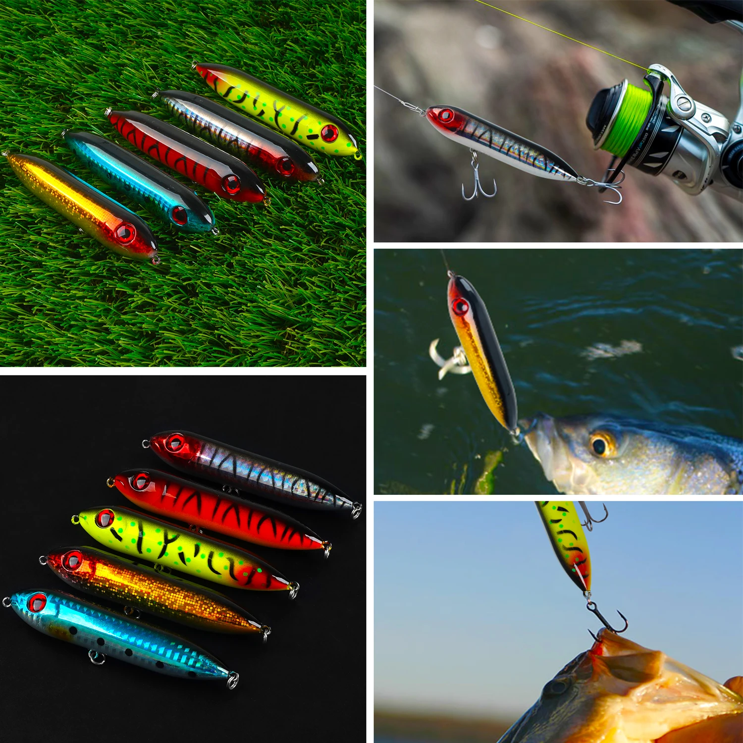 5pcs Fishing Pencil Popper Lifelike Hard Lure Baits Tackle Set for Bass  Trout Salmon Minnow