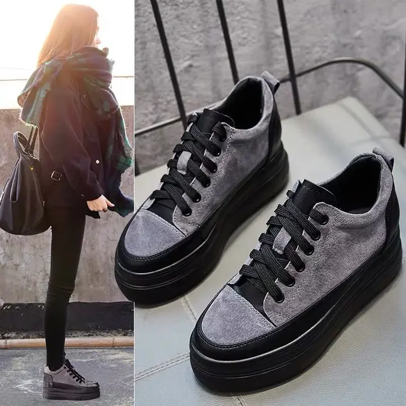 

2023 Autumn New Versatile Platform Sneakers Flat Height Increasing Zapatos Para Mujeres British Women's Shoes Lace Up Thick Sole