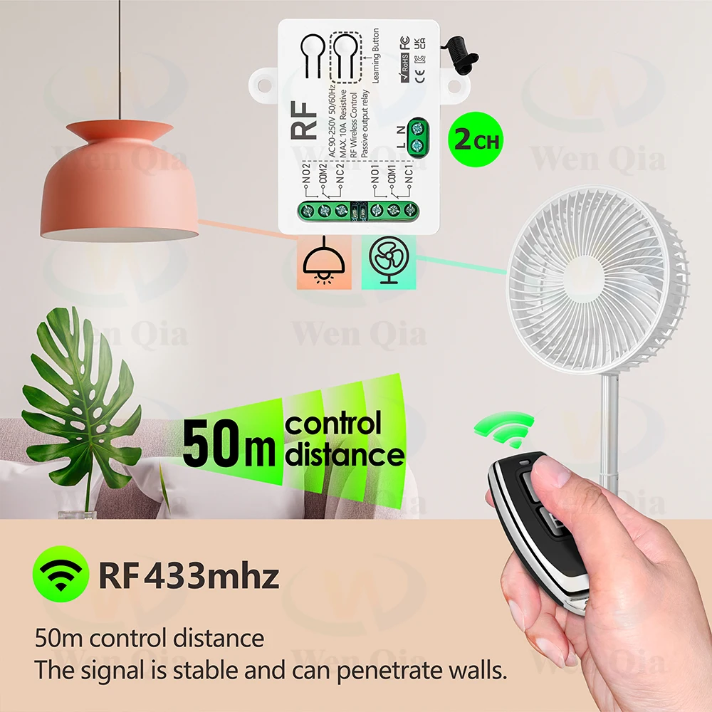 433MHz 범용 무선 원격 제어 스위치 2 채널, AC 110V 220V RF 릴레이 수신기, 조명/팬/모터/차고 문 오프너 등