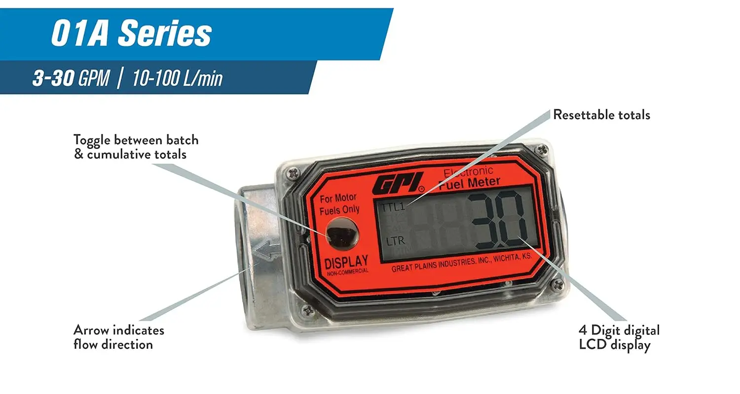 (GALLONS) 01A31GM Aluminum Turbine Fuel Flowmeter with Digital LCD Display, 3-30 GPM, 1-Inch FNPT Inlet/Outlet, 0.75-Inch Reduce