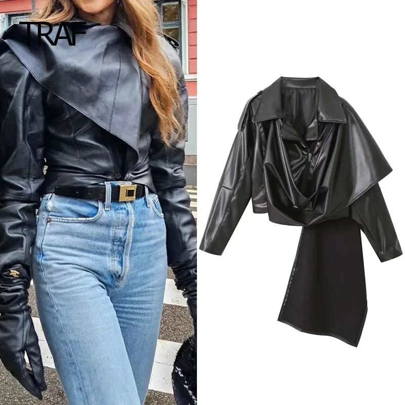 

TRAF Cropped Leather Jacket Women's Bomber Jacket Autumn Winter Lapel Collar Long Sleeve Top Women's Moto Biker Zipper Jackets