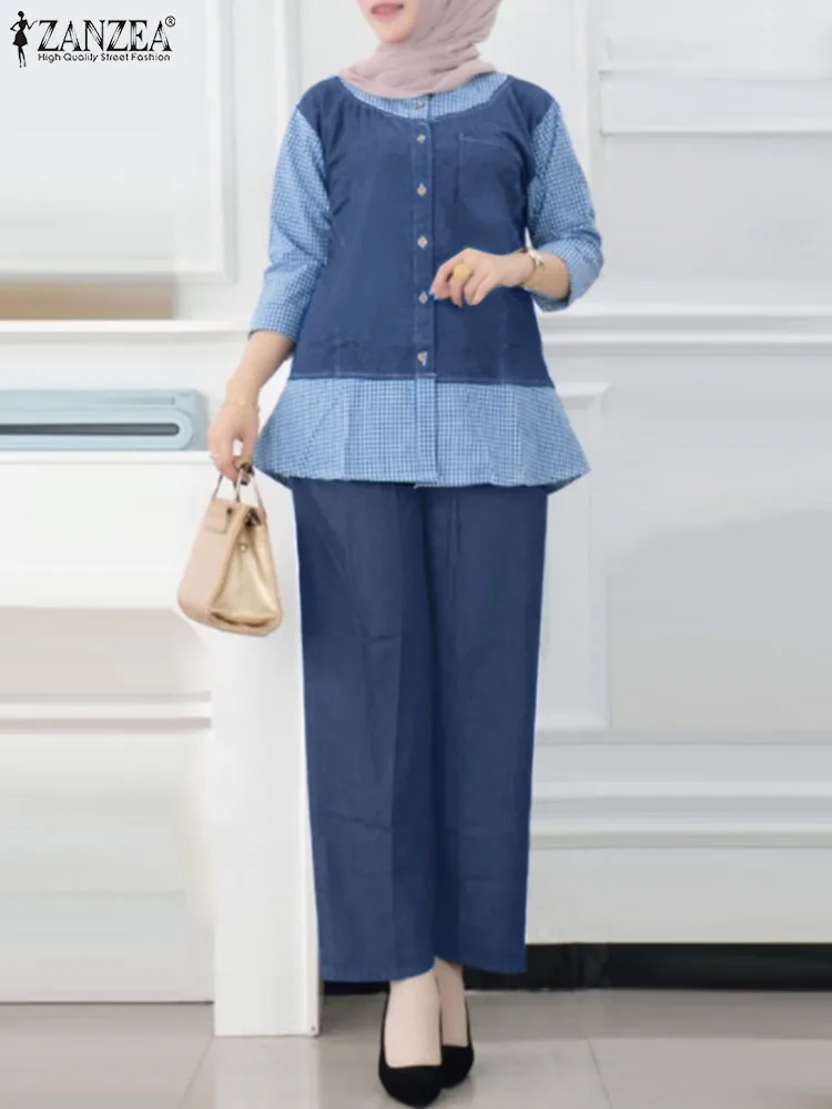 

ZANZEA Fashion Grid Printed Suit Long Sleeve Patchwork Blouse Pants Sets 2pcs Woman Elegant OL Work Tracksuit Abaya Kaftan 2023