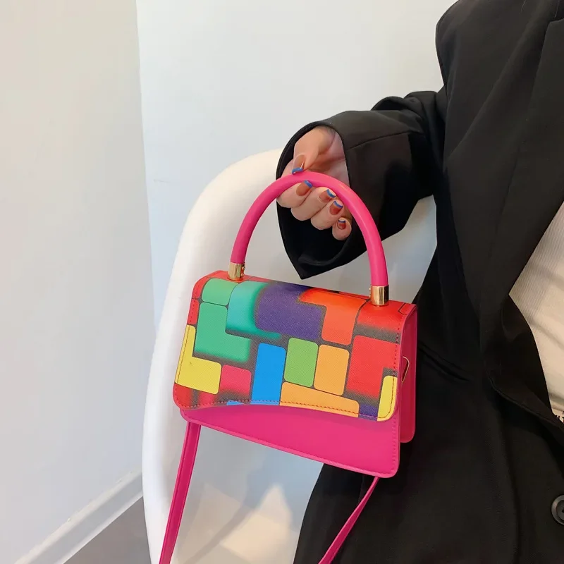 

Fashion Trend Small Square Bag New Rainbow Personalized Color Contrast Single Shoulder Bag Simple Casual Portable Messenger Bag