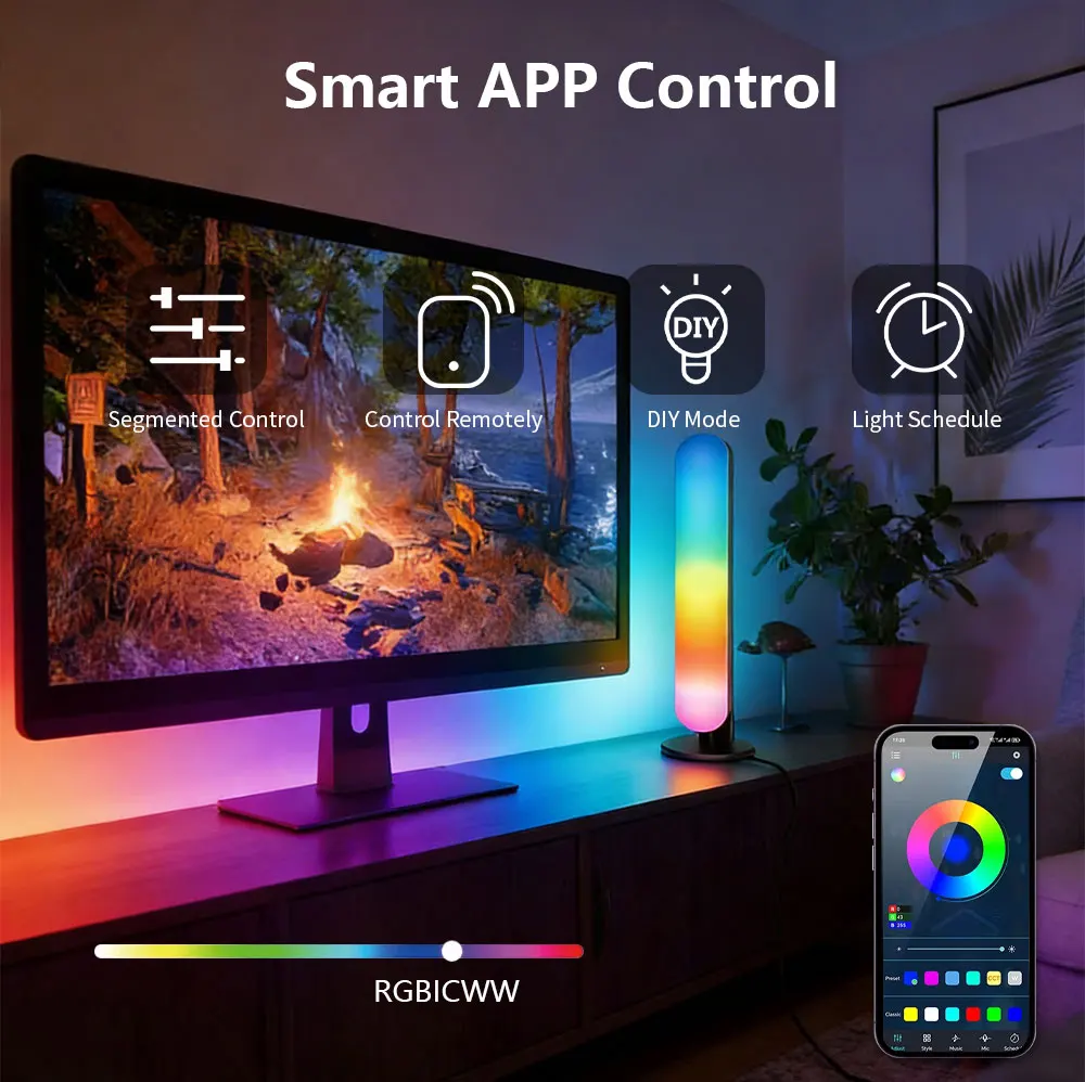 Smart RGBIC LED Strip Lights USB 1-2 Split Kit – Dynamic Color Changing, Music Sync, Remote Control for Bedroom, Gaming Setup, TV Backlight & Party Decoration