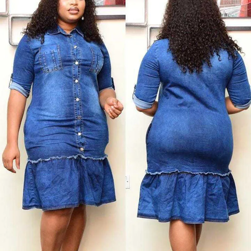 Plus Size Women Denim Dresses Fashion V Neck Bodycon Blouse Dresses 2023 Spring Jean Patchwork Outfit Party Gowns Wholesale