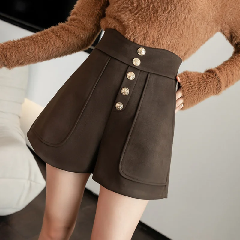 Autumn Winter New High Waist Button Wide Leg Pants All-match Loose Simplicity Office Shorts Vintage Fashion Women Clothing