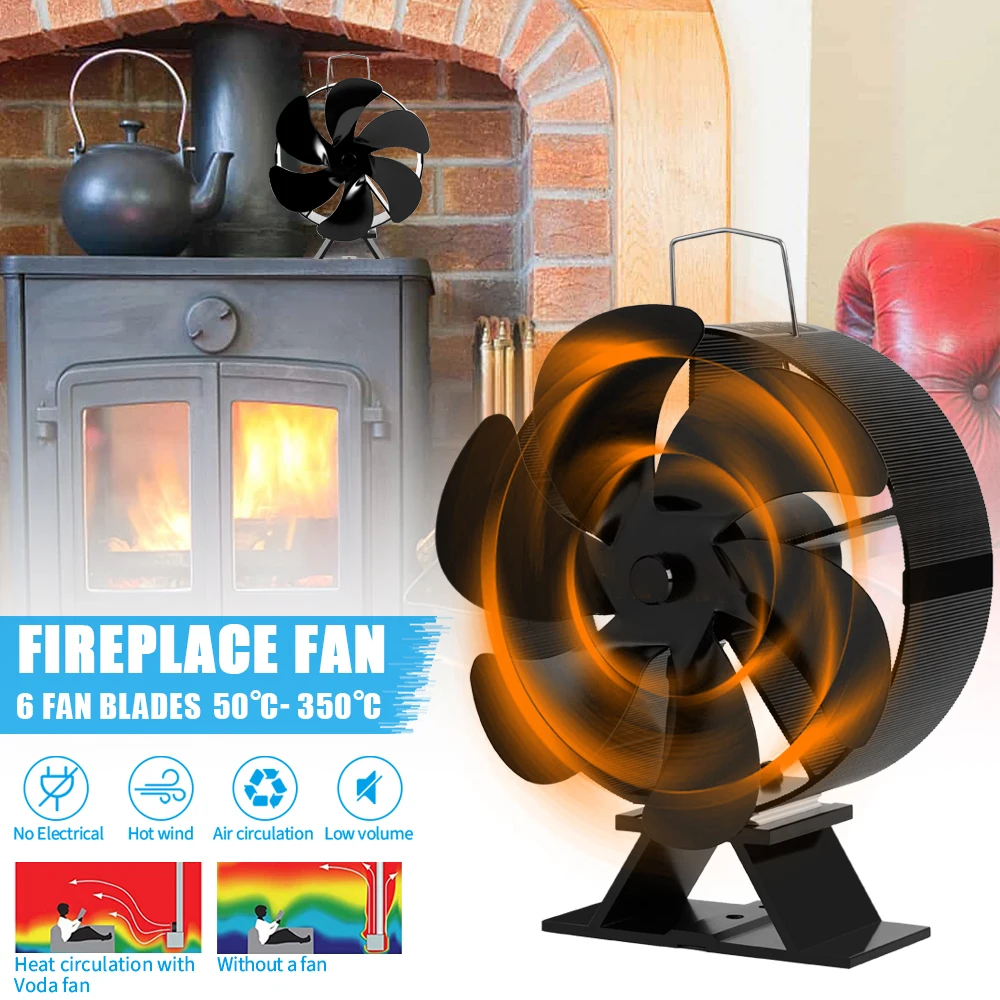 6 Blades Heat-powered Fireplace Fan No Battery or Electricity Required Log Wood  Burner Eco Quiet Fan Stoves Free Thermometer