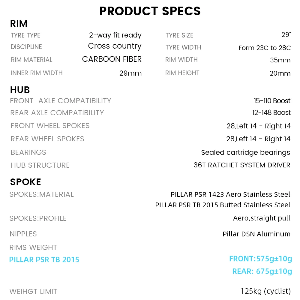 Carbon Bike Wheelset 29er MTB 1250g 35mm Width 36T Ratchet Straight Pull pillar Spokes