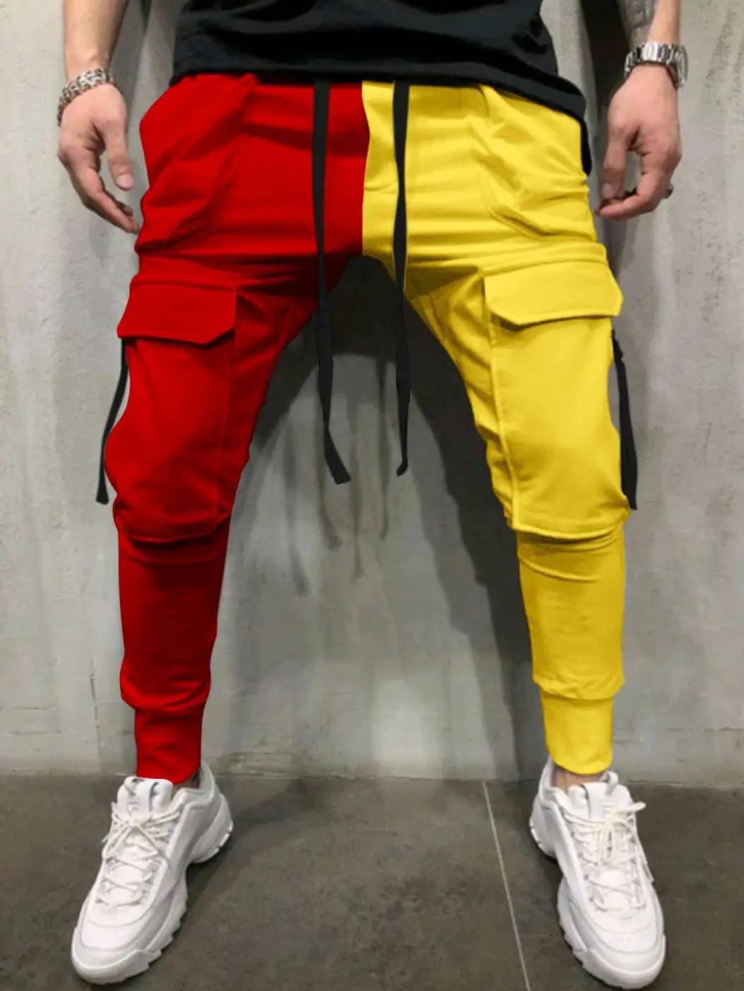 Spring Man Color Block Patchwork Pant Men Casual Sweatpants Slim Long Trousers Men's Gym Striped Drawstring Pants Leisure