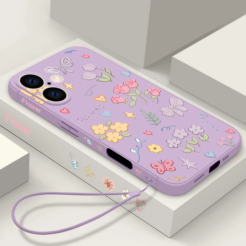 Charming Cartoon Rose Flower Lanyard Shockproof Phone Case Cover