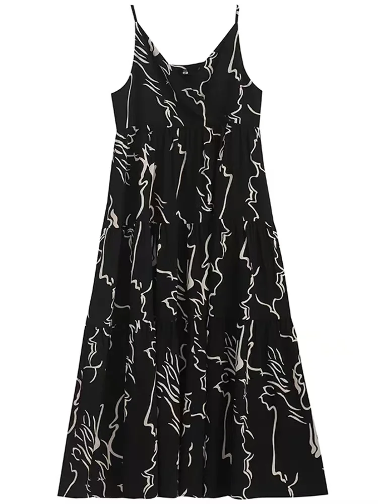 

Retro Big Swing A- line Midi Dress Women's Abstract Line Flower Suspender Dress