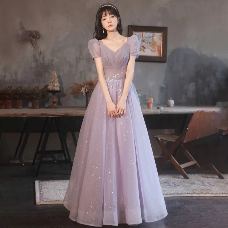 

New Arrival Elegant A-Line Purple Short Sleeves Sequins Lace Up Floor-Length V-Neck Tulle Formal Dress Dress Woman Party A2778