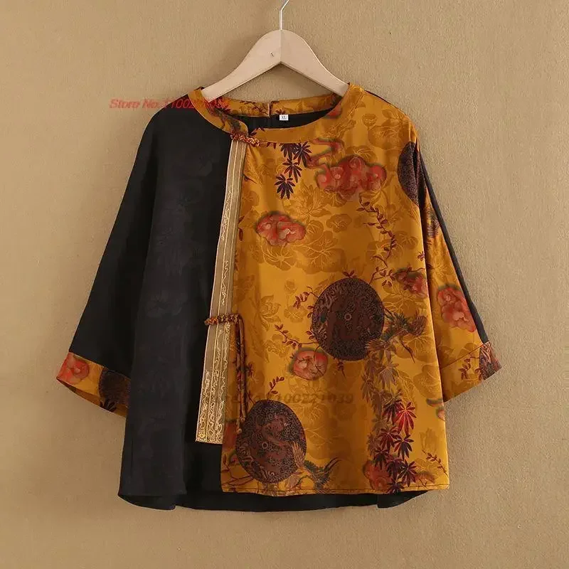 

2023 chinese hanfu tops national flower print satin blouse oriental tang suit retro o-neck blouse ethnic tea service hanfu shirt