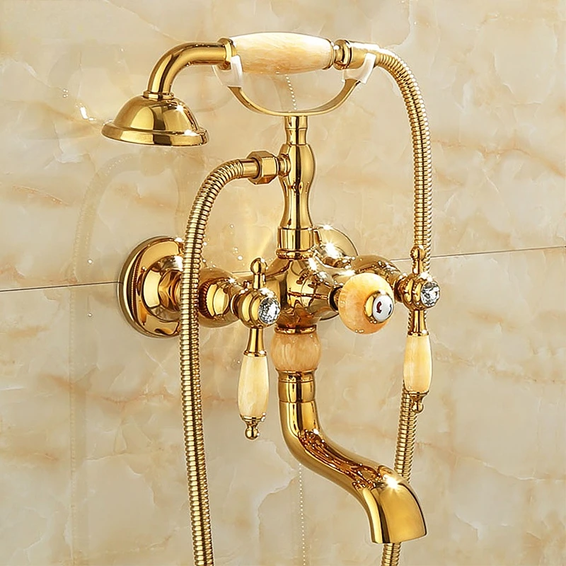 

Gold Bath Shower Faucet Wall Mounted Bathtub Faucet With Hand Shower Jade Handle Dual Handle Hot and Cold Water Mixer Tap