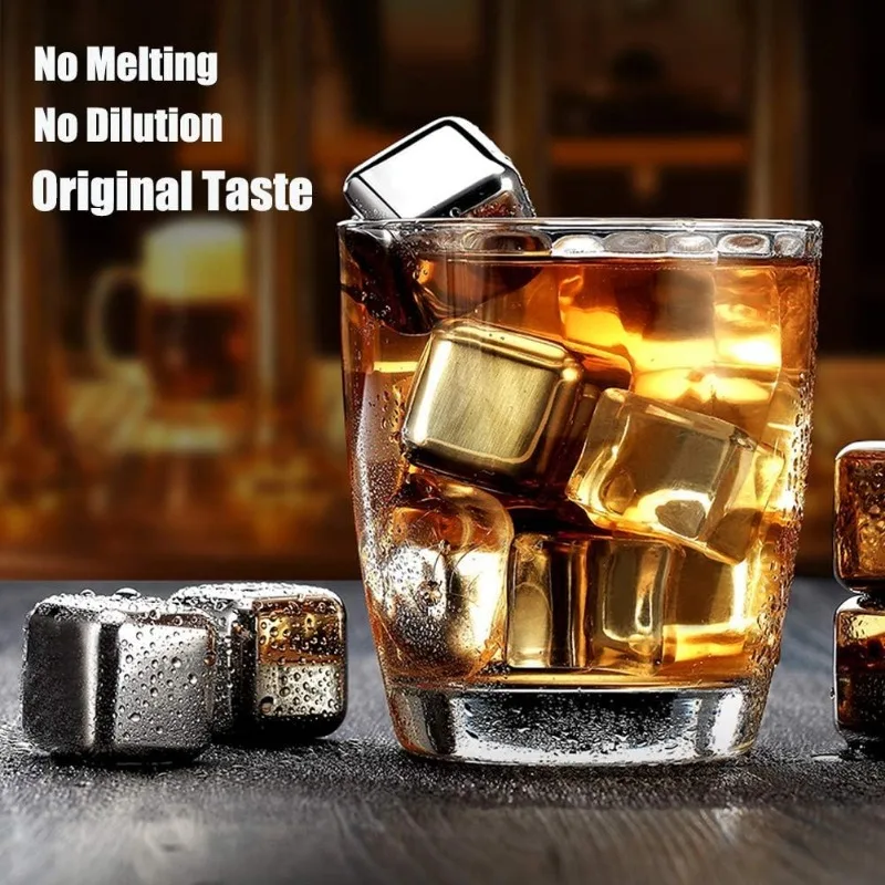 304 Food Stainless Steel Ice Cubes Set Reusable Chilling Stones for Whiskey Wine Cooling Cube Rock with Tongs Party Bar Tools