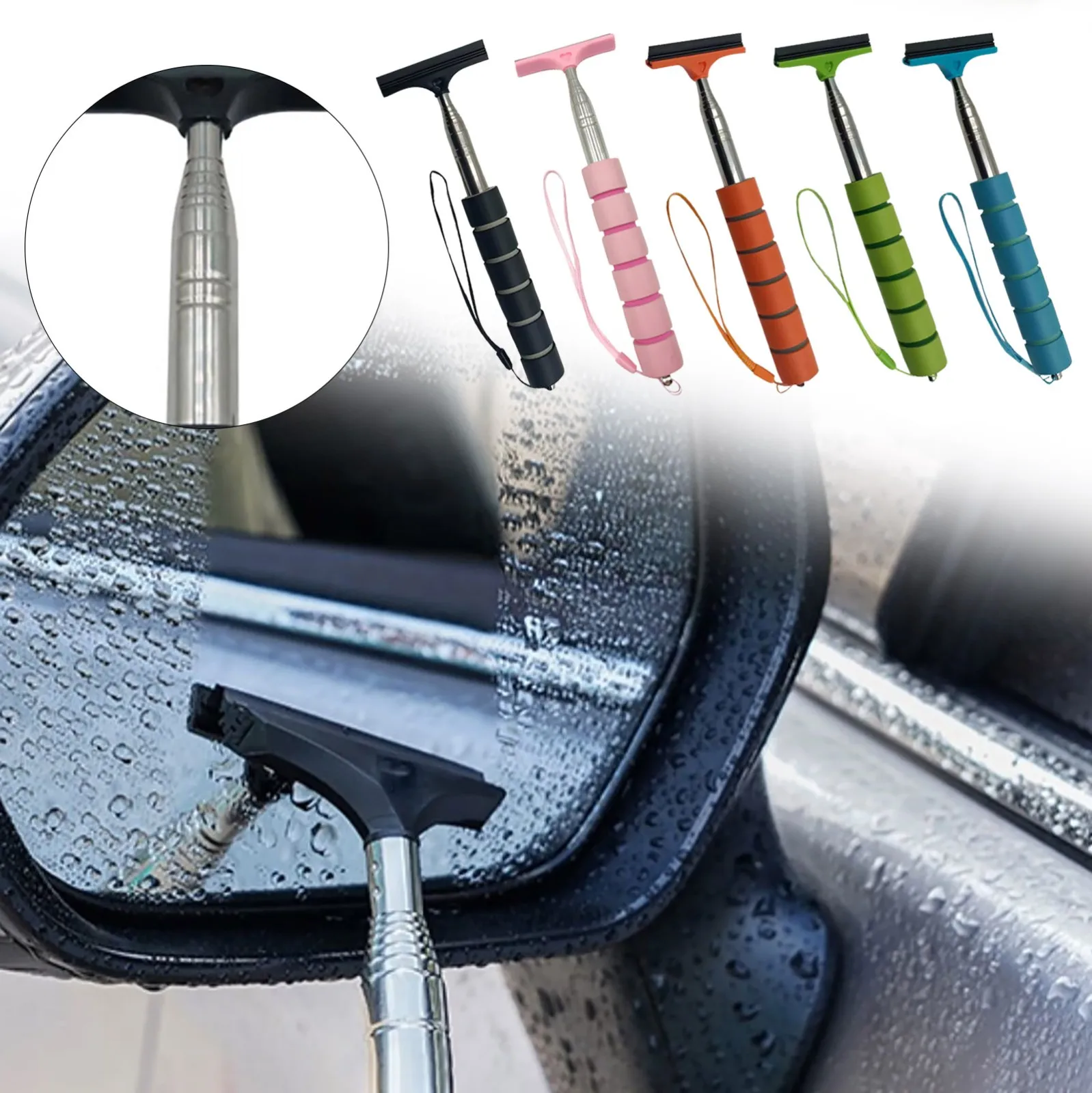 Car Rearview Mirror Wiper Retractable Auto Glass Squeegee Water Cleaner Telescopic Long Rod