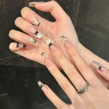 10pcs Cat Eyes French Ballet-Style Fake Nails Nude Pink Glossy Black Bowknot for Hot Girl Dress Matching 1