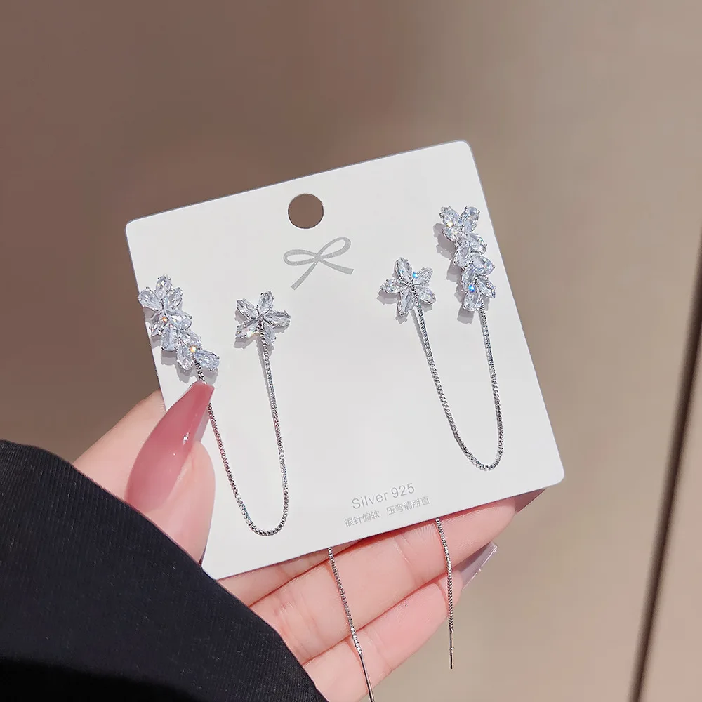 Ear Clip Earrings Clip Earrings Ear Clip Ear Accessories JWER Korea Silver Color Crystal Flower Clip Earrings For Women Simple Fake Cartilage Long Tassel Ear Cuff Jewelry Gifts