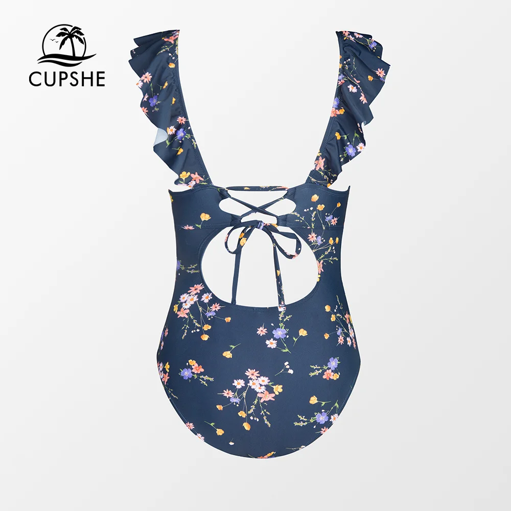 Cupshe フリルタイバックワンピース水着女性のためのネイビー花